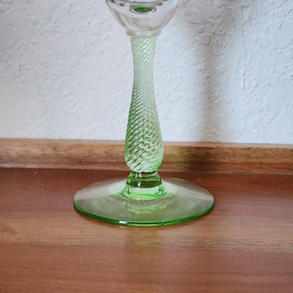 Weston Green Vaseline Stem Floral Stripe Etched Cordial 5.5" Depression Glass - Picture 5 of 12